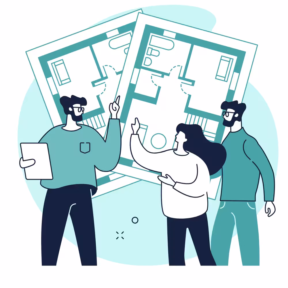 Three people reviewing property floor plans together