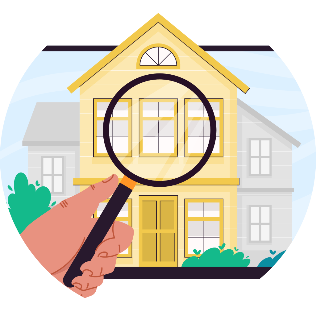 Hand holding a magnifying glass over a house, inspecting a property
