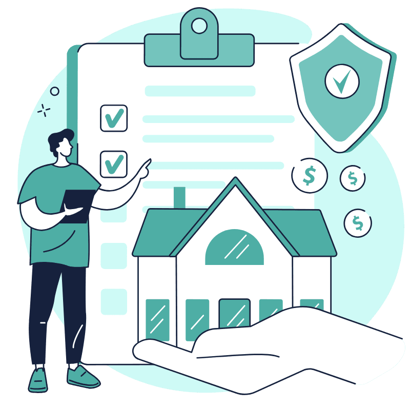 Person ticking off a compliance checklist while a house sits safely in an open hand next to a shield tick