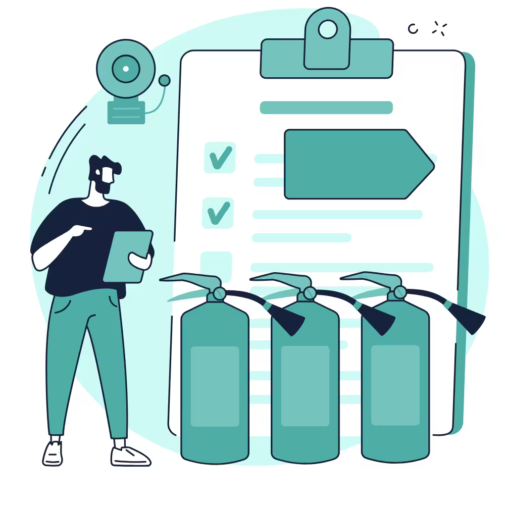Illustration of a person with a fire safety checklist, fire alarm and fire extinguishers