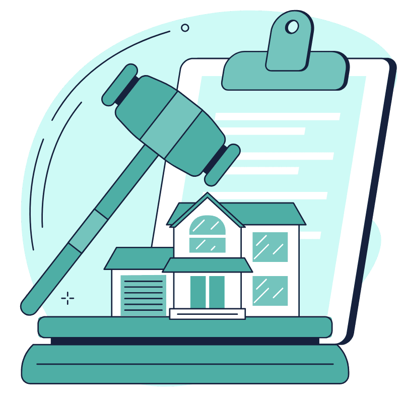 Illustration of a gavel striking down beside a house and a document on a clipboard, symbolising licensing enforcement