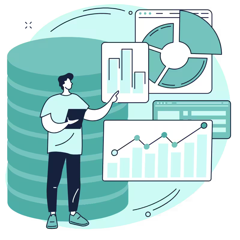 Illustration of a person analysing compliance data next to a stack of records, a pie chart and bar charts