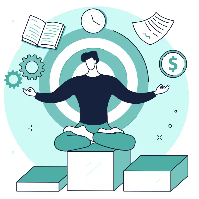 Illustration of a person meditating calmly on stacked blocks, surrounded by a clock, book, gear, document and coin representing ongoing compliance