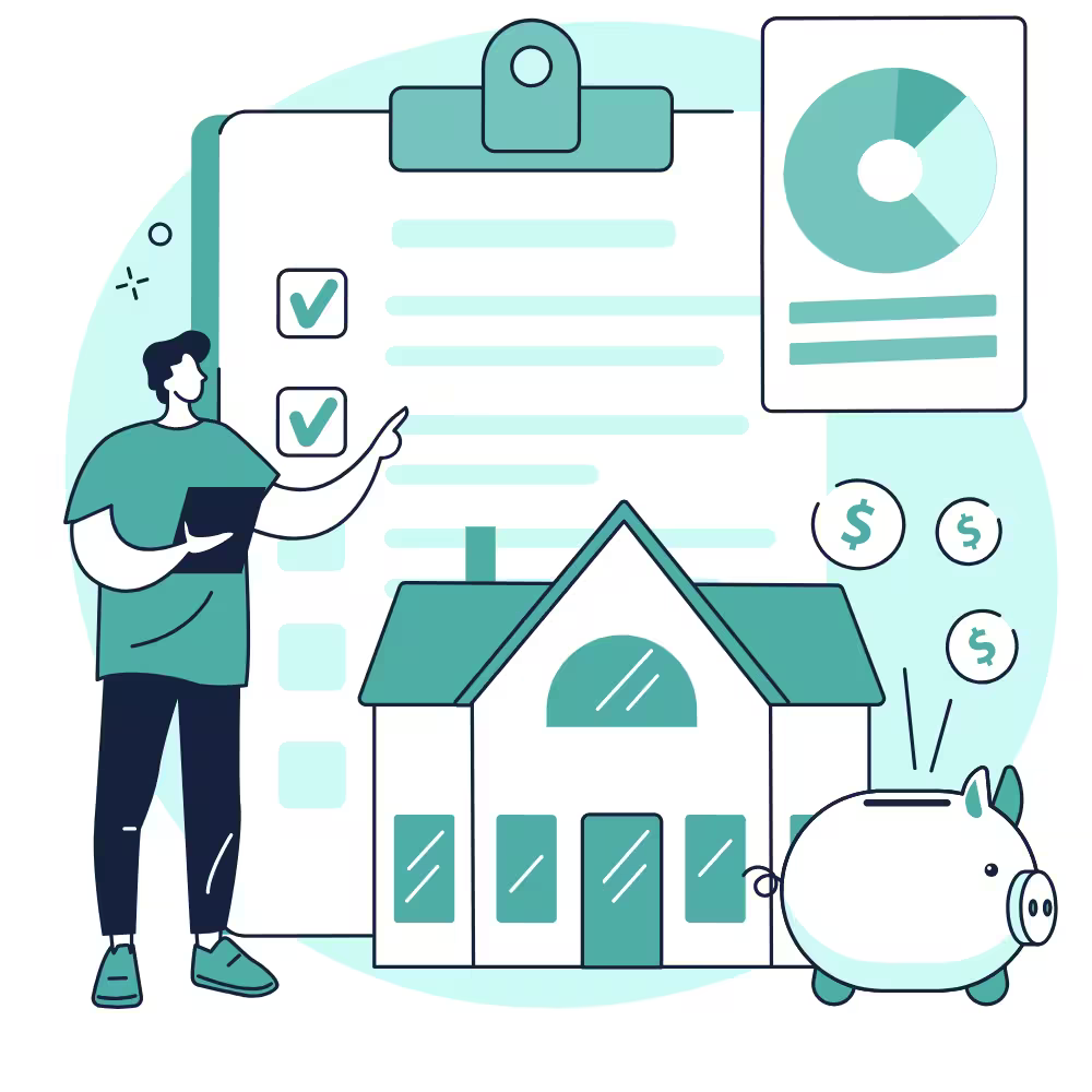 Illustration of a landlord reviewing a property compliance checklist next to a pie chart and a piggy bank