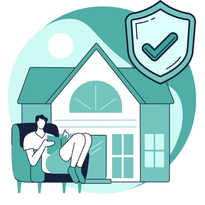 Illustration of a person relaxing at home next to a shield and checkmark symbolising compliance protection