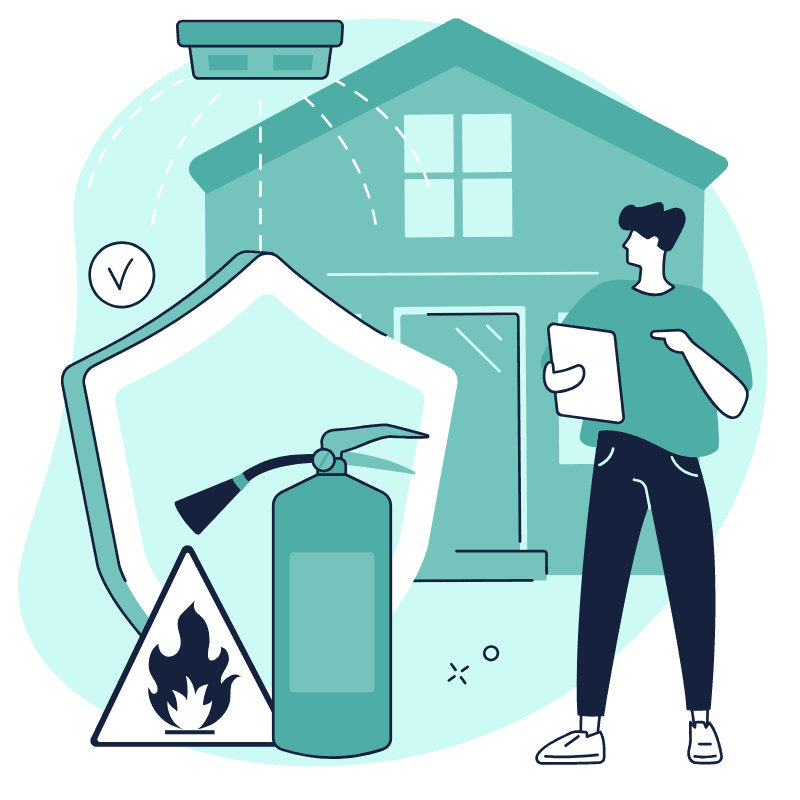 Fire safety compliance for a property: smoke alarm, fire extinguisher, hazard warning and an assessor's review