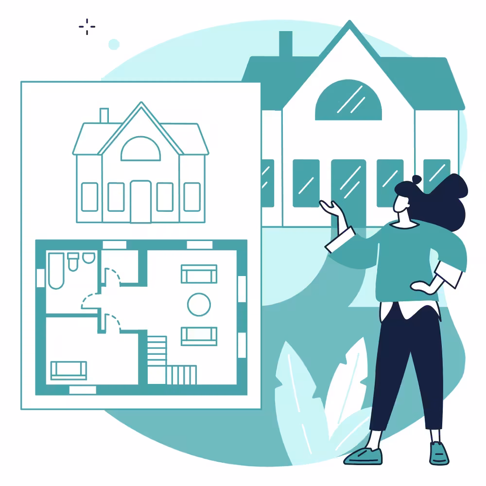 Illustration of a person comparing a house with its floor plan