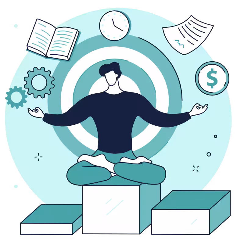 Person sitting calmly cross-legged while compliance documents, deadlines and costs float around them