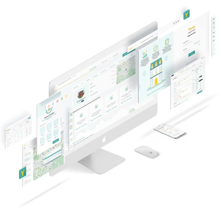 Floating screens of the Yuno compliance platform showing dashboards, maps and property records
