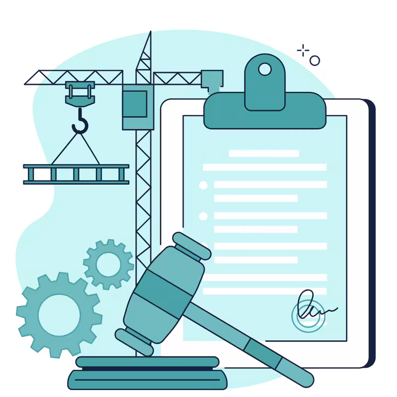 Construction crane beside a gavel and a signed compliance certificate on a clipboard