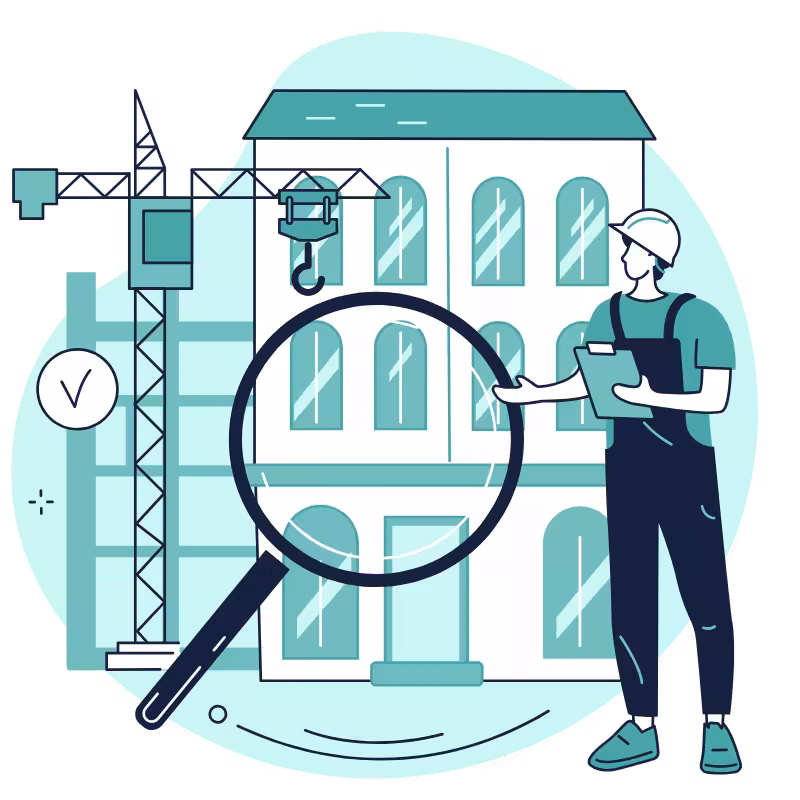 Illustration of an inspector examining a building under construction with a magnifying glass