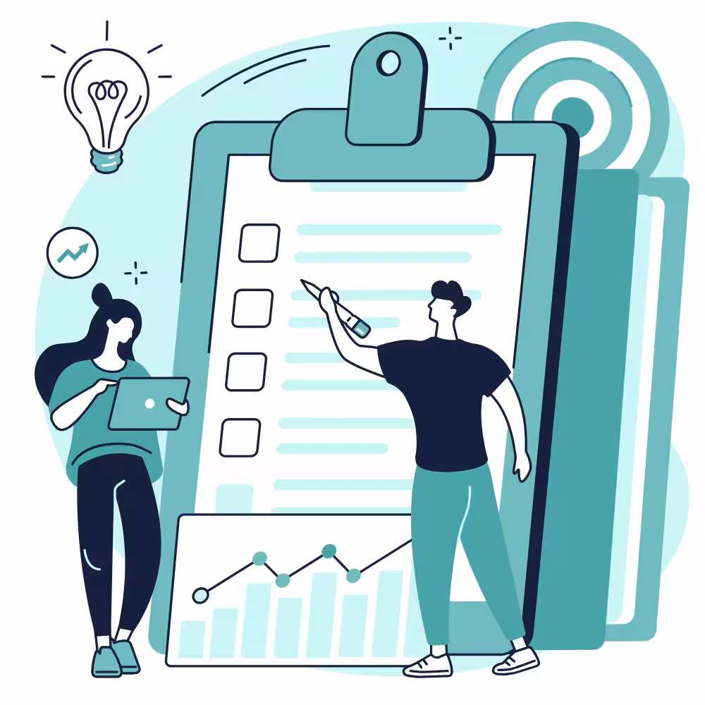 Two property professionals reviewing a large compliance checklist together