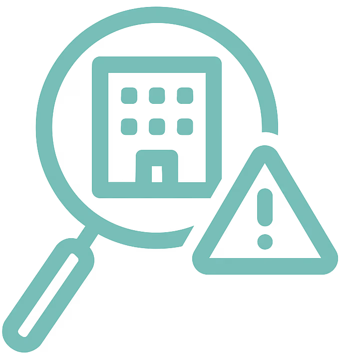 Illustration of a magnifying glass inspecting a building beside a warning triangle, symbolising licensing compliance checks