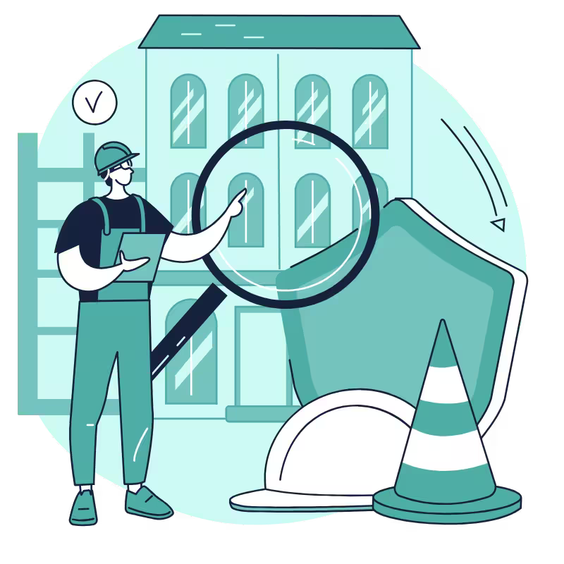 Illustration of a building inspector examining a property through a magnifying glass, next to a shield, hard hat and safety cone, symbolising building compliance checks