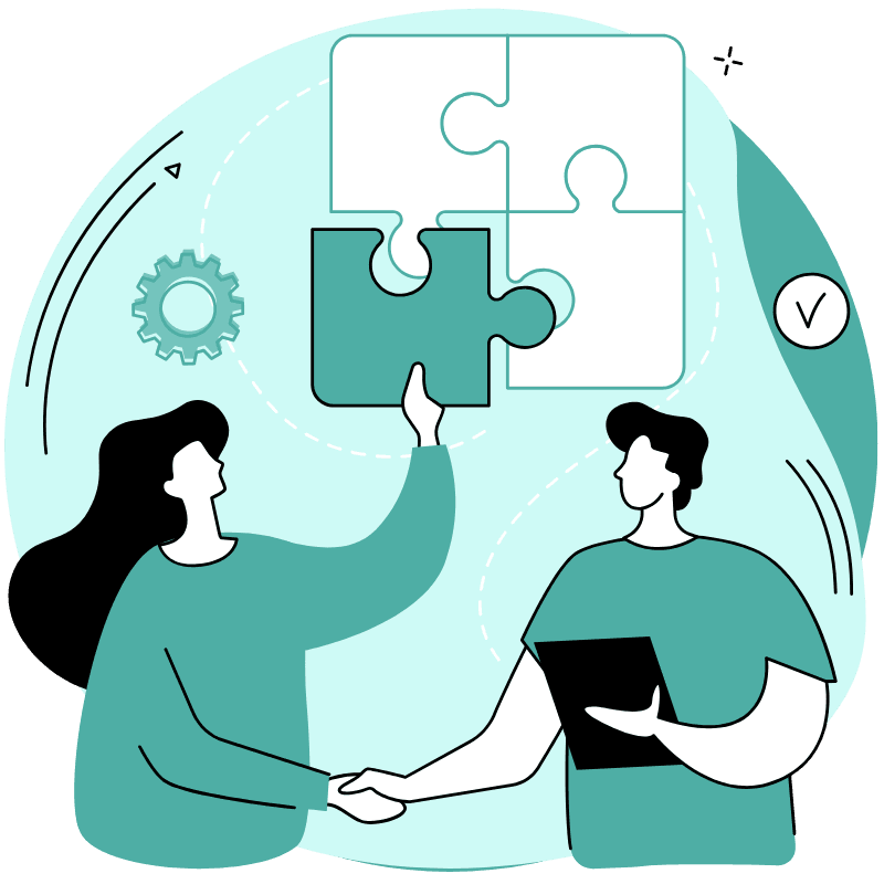 Illustration of two people shaking hands over a puzzle piece, symbolising a compliance partnership