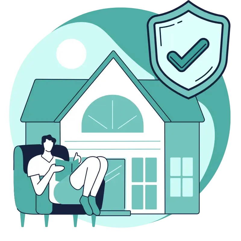 Person relaxing in an armchair in front of a home protected by a shield with a tick