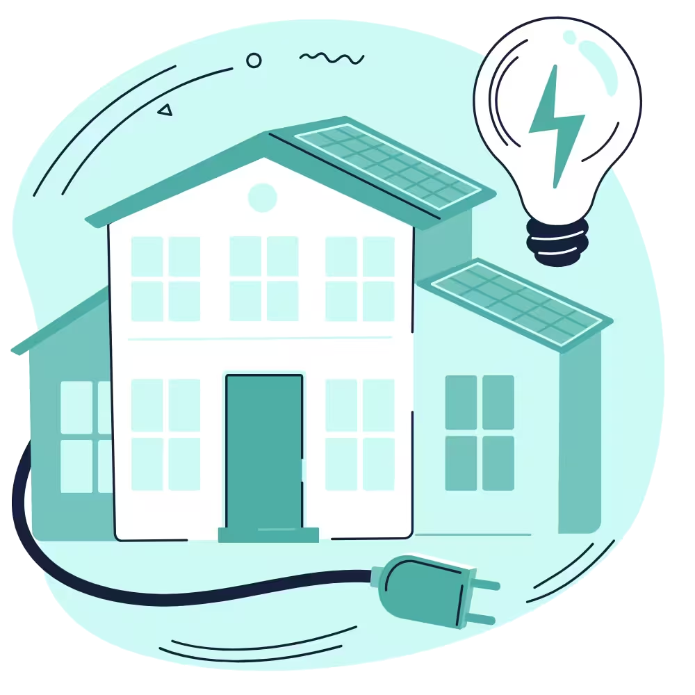 House with rooftop solar panels beside a lightbulb and power plug, energy efficiency illustration