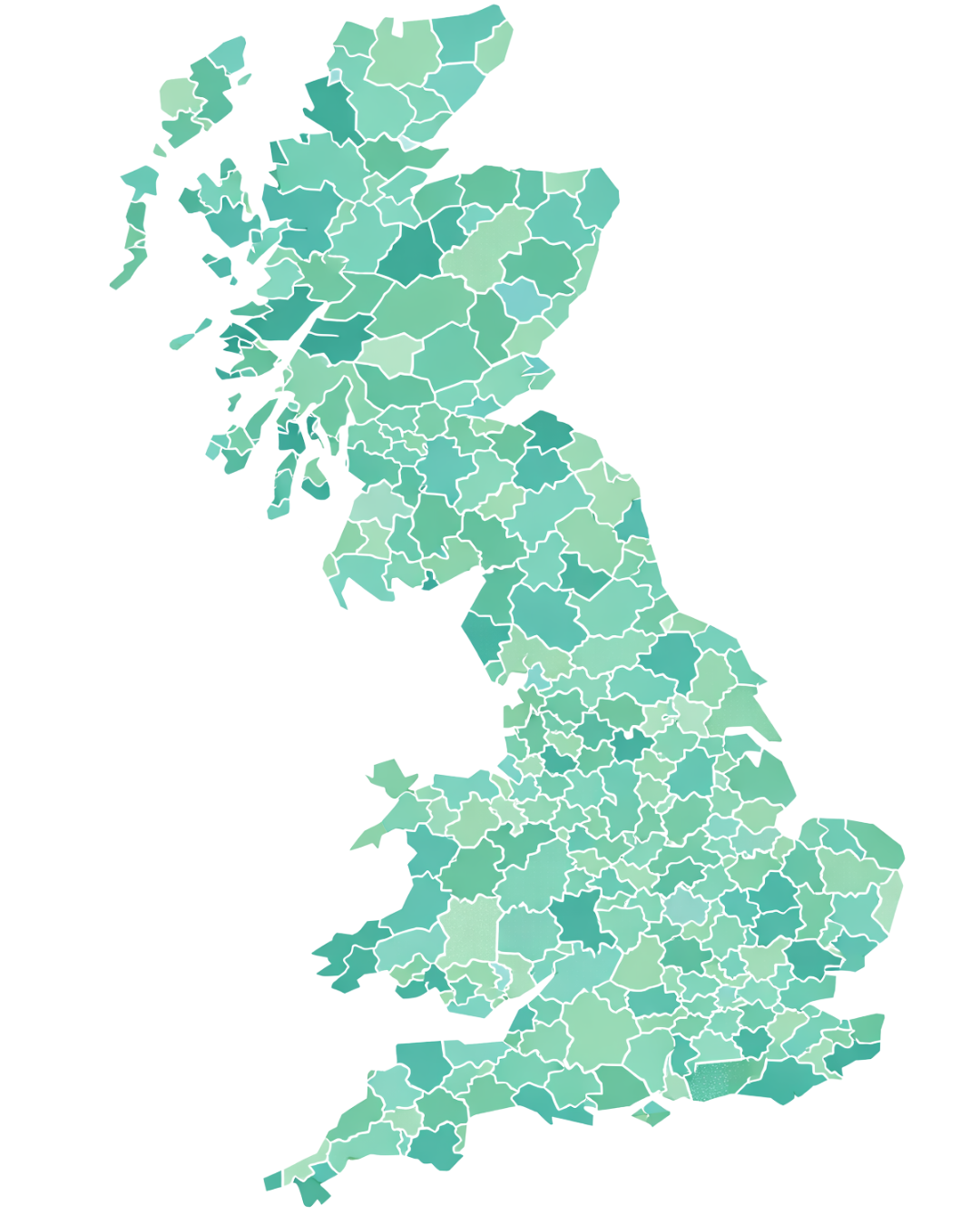Map of mainland UK local authority areas, each council area shaded in Yuno brand greens