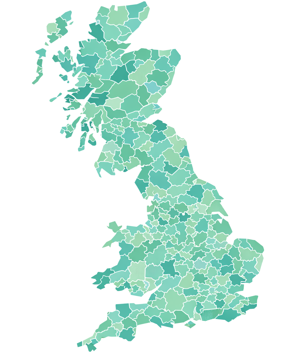 Map of mainland UK local authority areas, each council area shaded in Yuno brand greens