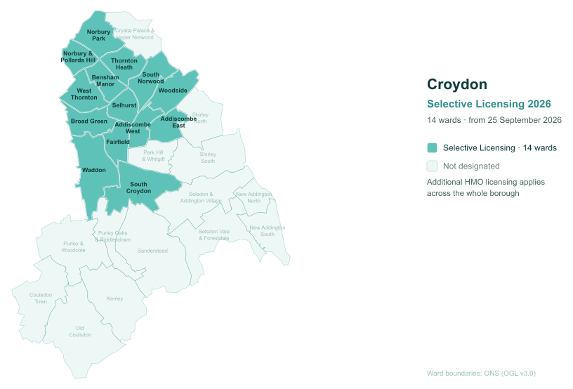 Map of the 14 Croydon wards covered by selective licensing from 25 September 2026