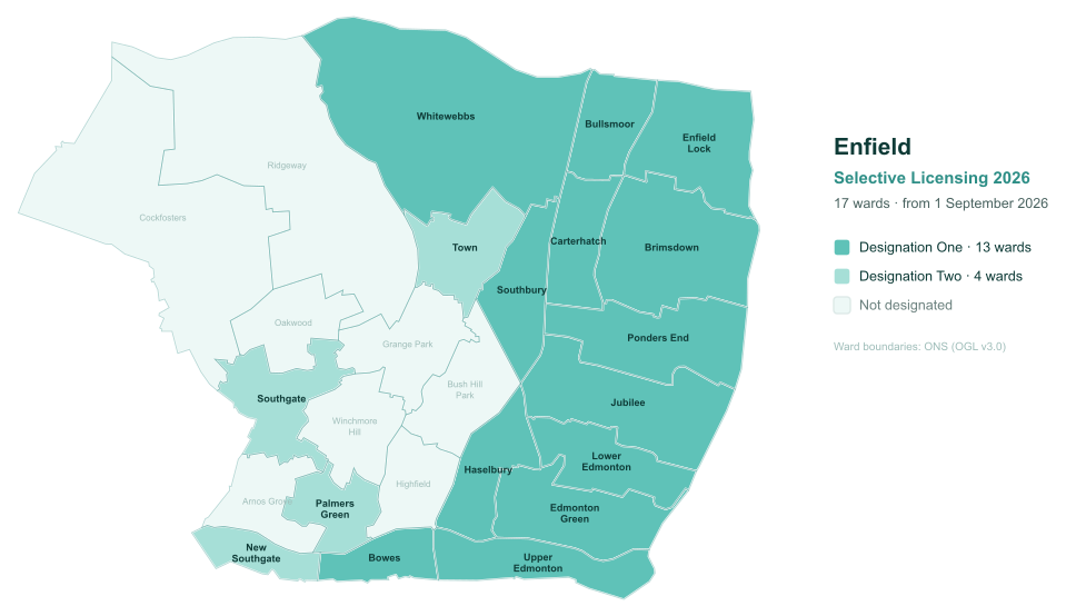Map of the 17 Enfield wards covered by selective licensing from 1 September 2026