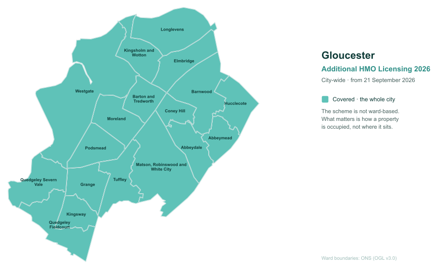 Map of Gloucester showing that the additional HMO licensing scheme covers the whole city