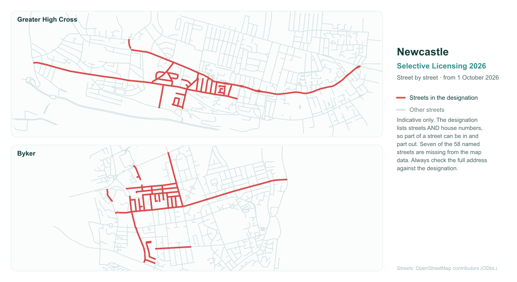 Street maps of the Greater High Cross and Byker areas of Newcastle with the streets in the selective licensing designation marked in red