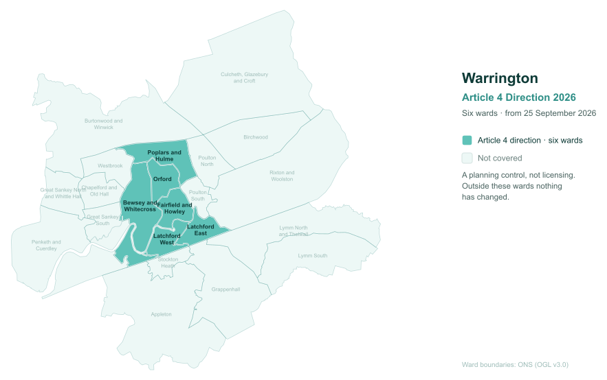 Map of Warrington showing the six wards covered by the Article 4 direction for small HMOs
