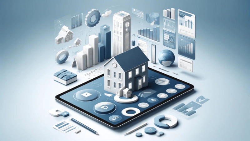Modern digital device displaying property management software interface with icons for real estate tracking, tenant communication, and financial analytics on a minimalist background of blues, grays, and whites.