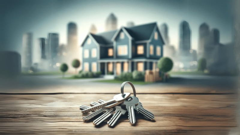 Diverse set of keys symbolizing property ownership and a blurred background of a welcoming home, representing the journey of becoming a landlord.