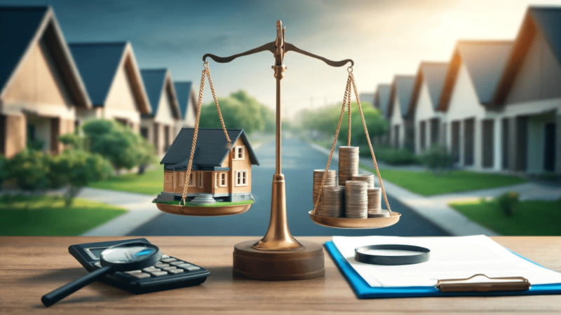 Scale balancing a model house and financial/legal diligence symbols, against a serene neighbourhood background, depicting the balance required in property purchasing decisions.